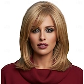 baratos Perucas capless de cabelo natural-Mistura do cabelo humano Peruca Médio Liso Prumo Com Franjas Loiro Ajustável Designers Melhor qualidade Sem Touca Cabelo da Birmânia Mulheres Loiro Morango / Loiro Claro 14 polegadas Roupa Diária