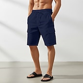 abordables Classique-Homme Shorts cargo Shorts Shorts en Lin Shorts d'été Shorts de plage Cordon de serrage Taille Élastique Multi-poches Uni Respirant Longueur Genou Extérieur Plage Vacances Hawaïen Noir bleu marine Non