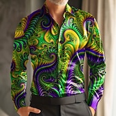 levne Pánská saténová košile-Mardi Gras Pánské Barevná Karneval Maska s peřím Košile Saténová košile Košile k obleku Dlouhý rukáv Móda pro volný čas Párty Dovolená Léto Jaro Přehnutý 3D tisk Košile na knoflíky Černá Fialov