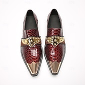 Χαμηλού Κόστους Δερμάτινα Loafers Premium-Ανδρικά κόκκινα slip-on παπούτσια από δέρμα φιδιού με χρυσές λεπτομέρειες – πολυτελή επίσημα υποδήματα για κομψούς άνδρες, ιδανικά για βραδινές εκδηλώσεις και μοντέρνες περιστάσεις