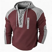 cheap Waffle Knit Tee-Men's Waffle T-shirt T Shirt Waffle Henley Shirt Long Sleeve Hooded Lace Up Neck Fall Solid Color Textured Traditional / Vintage Drawstring Casual Home Outdoor Light Blue Wine Black Top Tee for Men