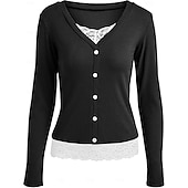 baratos Camiseta lisa-Mulheres Blusa Renda Patchwork Botões Côr Sólida Elegante à moda Casual Manga Longa Decote V Tops regulares Diário Preto Rosa Vermelho Marron Verde Primavera Outono Inverno