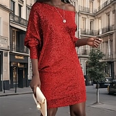 preiswerte Paillettenkleider-Damen Minikleid Weißes Kleid schwarzes kleid Paillettenkleid Elegant Mode Klassisch Täglich Outdoor Party Normale Passform Einfach Langarm Schulterfrei Schwarz Weiß Rosa Rote Herbst Winter