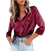 baratos Blusas Simples-Mulheres Blusa Botões Côr Sólida Elegante Diário à moda Manga Longa Colarinho de Camisa Tops regulares Diário Azul Preto Branco Vinho Bege Verão Outono