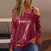 preiswerte Schicke Blusen-Damen Bluse Elegante Oberteile Pailletten-Oberteile Gerafft Pailletten Patchwork Einfarbig Einfach Elegant Vintage Stilvoll Langarm Asymmetrisch Normale Oberteile Täglich Arbeit Ausgehen Blau Schwarz
