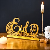 tanie Ramadan i Eid-drewniana, pusta dekoracja z motywem księżyca i literą „mubarak” na ramadan i eid – złoty lustrzany akcent, idealna na ramadan, islamskie dekoracje świąteczne i domowe przyjęcia