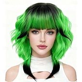  Grüne Perücken synthetische Perücke lockig mit Pony maschinell gefertigte Perücke kurze schwarze  dunkelgrüne synthetische Haare Frauen natürliche Party schwarz-grün Ombre