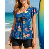 رخيصةأون تنجيد السباحة وبيكيني-نسائي ثوب السباحة قطعتين لباس السباحة مطبوع V-neck كم واسع حماية UV مطاط كم قصير ملابس السباحة تزلج على الماء شاطئ سباحة الصيف