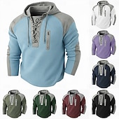 cheap Waffle Knit Tee-Men's Waffle T-shirt T Shirt Waffle Henley Shirt Long Sleeve Hooded Lace Up Neck Fall Solid Color Textured Traditional / Vintage Drawstring Casual Home Outdoor Light Blue Wine Black Top Tee for Men