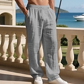 cheap Holiday-Men's Linen Pants Trousers Summer Pants Baggy Pants Beach Pants Drawstring Elastic Waist Solid Color Comfort Breathable Daily Outdoor Beach Vacation Fashion Light Khaki Black Inelastic