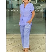 preiswerte Wesentliche Faux Co-ord Sets-Damen Kunstbaumwollleinen Kurzarm V Ausschnitt Einfach Mode Streetwear Täglich Lässig Täglich Blau Marineblau Purpur Sommer Normale Passform