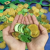tanie Dzień Świętego Patryka-Złote monety na dzień św. Patryka - 100/200 sztuk złotych zielonych monet na szczęście, plastikowe monety koniczyna skrzat, moneta z 3-listną koniczyną do dekoracji i upominków na imprezę