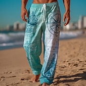 voordelige Casual herenbroek met print-Voor heren Watersport Kompas Zeilboot Broek Vrijetijdsbroek Wijde broek Medium Taille Vintage Retro Buiten Vakantie Strand Kleding Elastische tailleband met trekkoord Linnen broek met zakken Zomer