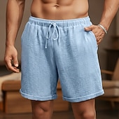 cheap Retro-Men's Shorts Linen Shorts Beach Shorts Seersucker Shorts Textured Shorts Drawstring Elastic Waist Plain Comfort Breathable Above Knee Daily Outdoor Beach Vacation Fashion Black Beige Micro-elastic