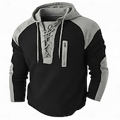 cheap Waffle Knit Tee-Men's Waffle T-shirt T Shirt Waffle Henley Shirt Long Sleeve Hooded Lace Up Neck Fall Solid Color Textured Traditional / Vintage Drawstring Casual Home Outdoor Light Blue Wine Black Top Tee for Men