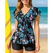 billige Surfing Tankinis og Bikinier-Dame Badedrakt 2 deler Badedrakter Blomstret V-hals Utsvingt erme UV Beskyttelse Elastisk Kortermet Badetøy Surfing Strand Svømming Sommer