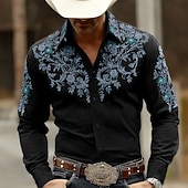cheap Men's Western Shirts-Men's Paisley Floral Print Ethnic Shirt Western Shirt Cowboy Shirt Long Sleeve Vintage Retro Casual Outdoor WorkWear Spring Fall Turndown 3D Print Button Up Shirts Black+ Khaki Black / Green Black