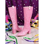 tanie Buty damskie-Kobiece różowe buty na kolano z brokatem i szerokimi obcasami – Iskrzące odważne oświadczenie mody idealne na karnawał festiwale i imprezy kostiumowe