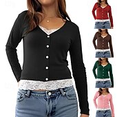 baratos Camiseta lisa-Mulheres Blusa Renda Patchwork Botões Côr Sólida Elegante à moda Casual Manga Longa Decote V Tops regulares Diário Preto Rosa Vermelho Marron Verde Primavera Outono Inverno