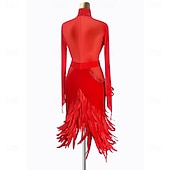 Χαμηλού Κόστους αγωνιστικό φόρεμα-Λαμπερό κόκκινο γυναικείο φόρεμα λάτιν χορού - μακριά μανίκια από πλέγμα, ψεύτικη λαιμόκοψη με στρας &amp;μπούστο, φούστα με φτερά, περιλαμβάνει μανσέτες καρπού και φόρεμα ρούμπα σάλσα