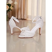 economico sposa-sandali da sposa con tacco alto decorati con perle e cinturino alla caviglia, eleganti scarpe da sposa aperte per la sposa, tacchi di lusso decorati con perle per la cerimonia &amp;ricezione