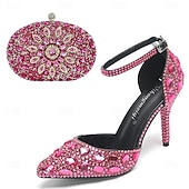 preiswerte Klassische Pumps-Damen Cocktail Club Party Strass Kristall Schnalle Stiletto Spitze Zehe Mode Niedlich luxuriös PU Schnalle Silber Rot orange Schwarz und Violett