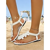 tanie Panna młoda-białe sandały damskie z kwiatowym wzorem i koralikami - eleganckie płaskie buty ślubne na plażowe ceremonie, suknie ślubne &amp;obuwie dla druhen na lato na imprezy plenerowe nad morzem