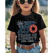  100% Baumwolle Kinder Mädchen Schwarz Weiß Grafik Freiheitsstatue 250-jähriges Jubiläum Amerikanische US-Flagge für Kinder T-Shirt Rundhalsausschnitt Kurzarm Urlaub Sport & Outdoor Alltagskleidung
