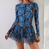 رخيصةأون مايوهات تانكيني-نسائي ملابس السباحة قطعة واحدة مايوه تنورة ملابس السباحة سحاب العطلة ملابس الشاطئ الرسم أوراق رقبة عالية كم طويل بدلة سباحة