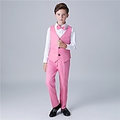 abordables Costumes et Tenues de Porteur d'Anneau-Costume de garçon d'honneur 4 pièces avec gilet &amp; chemise  &amp;Pantalon garçon, costume habillé décontracté, tenue de soirée tendance pour les fêtes en extérieur, basique et élégant, couleur unie bleu,