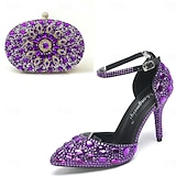 preiswerte Klassische Pumps-Damen Cocktail Club Party Strass Kristall Schnalle Stiletto Spitze Zehe Mode Niedlich luxuriös PU Schnalle Silber Rot orange Schwarz und Violett