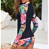 preiswerte One Pieces Rash Guards-Damen Anti UV Shirt Badeanzug mit Blumenmuster Badeanzug Bedruckt Reißverschluss Boyleg Ultraleicht (UL) UV Schutz Elastisch Langarm Bademode Surfen Schnorcheln Frühling
