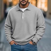 お買い得  メンズ クラシックポロ-男性用 ワッフルポロシャツ テクスチャード加工 カジュアル ストリート リブ付きポロカラー 長袖 ファッション 純色 ボタン 平織り 秋 春 &amp; 秋 ルーズフィット パープル カーキ色 ライト ダークブルー ライトブルー ワッフルポロシャツ