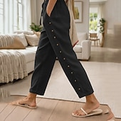 abordables Fondi-Women's Summer Pants 100% Cotton Pants Trousers Vacation Streetwear Casual Full Length Medium Waist Solid Color Drawstring Pocket Side Button Comfortable Breathable Inelastic Daily Outdoor Street