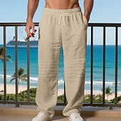 cheap Holiday-Men's Linen Pants Trousers Summer Pants Baggy Pants Beach Pants Drawstring Elastic Waist Solid Color Comfort Breathable Daily Outdoor Beach Vacation Fashion Light Khaki Black Inelastic