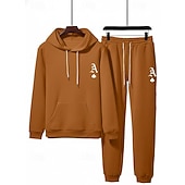 preiswerte einfache Trainingsanzüge-Herren Trainingsanzug Outfit-Set Kapuzenpullover Set Kapuzenpullover Täglich Outdoor Sport Kordelzug Tasche Buchstabe a Marineblau Aprikose Polyester Sportkleidung Mode Streetwear Herbst