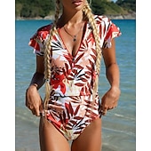 Χαμηλού Κόστους Rash Guards One Pieces-Γυναικεία Προστατευτικά Μαγιό Ολόσωμα κομμάτια Τροπικό Κουμπώσου Φαρδύ μανίκι Προστασία UV Υψηλή Ελαστικότητα Κοντομάνικο Μαγιό Σέρφινγκ Καταδύσεις Ψαροντούφεκο Καλοκαίρι
