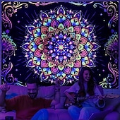 halpa Blacklight -kuvakudokset-mustavaloinen mandala-gobeliini, uv-reaktiivinen psykedeelinen neongobeliini, hippi-intialainen boheemi seinävaate, esteettiset kukkakuvioiset seinävaatteet makuuhuoneeseen