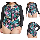 ieftine Rash guards One Piece-Pentru femei Costum de baie One Pieces Protecție anti-erupții cutanate mărime mare Floral Tropical Inchide fermuarul Protecție UV Elastic Manșon Lung Costume de Baie Surfing Plajă Vacanță Vară
