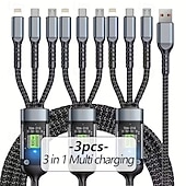 levne Domácí vylepšení-Balení 3 univerzálních rychlonabíjecích kabelů, nylonový opletený kabel QC3.0 s konektory Lightning, micro USB a USB-C pro více smartphonů