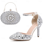 preiswerte Klassische Pumps-Damen Cocktail Club Party Strass Kristall Schnalle Stiletto Spitze Zehe Mode Niedlich luxuriös PU Schnalle Silber Rot orange Schwarz und Violett