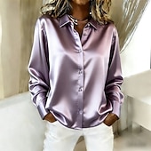 ieftine Bluze elegante-Pentru femei Cămașă Elegant Top din satin Bluză Zdrobit Peteci Nasturi Culoare solidă Simplu Elegant Epocă femei Manșon Lung Guler Cămașă Topuri obișnuite Zilnic Muncă Concediu Negru Alb Șampaniu