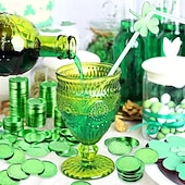 abordables Día de San Patricio-100 monedas de oro para el Día de San Patricio, monedas de la suerte de oro y verde, monedas de duende de trébol de plástico, moneda de trébol de 3 hojas para decoración de fiestas.