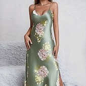 halpa Naisten haalarit-Naisten Yöpaita Vapaa-aika Pehmeä Satiini Kukka Avoin selkä Päivittäin Koti Sänky Hihaton hihnat Sininen Musta Rubiini Apila Kesä Loose Fit