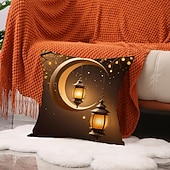 baratos Jogue travesseiros, inserções e capas-Capa de almofada decorativa para o Ramadã e Eid, lua crescente dourada &amp;Almofada de sofá em estilo étnico com estampa de lanternas, decoração para festivais do Oriente Médio, ideal para sala de estar
