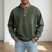 billiga grundläggande t-shirts-SoftFade™ Herrs T Skjorta Henley Skjorta Denim Skjorta 100% Bomull Syra Tvättad Skjorta Tee Topp Lång Ärmd Enkel Vintage Streetwear Avslappnad Färgad Tvättad Raglanärmar Stående Krage Henley Sport