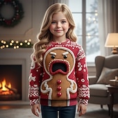 ieftine Pulovere și cardigane-Crăciun Fete 3D Gingerbread Men Pulover urât de Crăciun cadou de Craciun Pulover Manșon Lung Tipărire 3D Toamnă Iarnă Modă Petrecere Copii 4-12 ani Stil Nautic În aer liber Zilnic Fit regulat