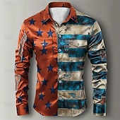  男性用 グラフィック アメリカの米国旗 7月4日 米国建国250周年 シャツ ボタンダウンシャツ カジュアルシャツ 長袖 ハワイアン カジュアル 快適 アウトドア バケーション ストリート 春 秋 折襟 ボタンアップ プリント ブルー ルビーレッド