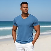 baratos Camisetas de Algodão e Linho-Homens Camiseta Camisas antiumidade Manga Curta Decote V Verão Primavera Tecido Esportes Básico Casual Estilo Clássico Puro Casual Branco Azul Claro Preto Top Tee para Homens