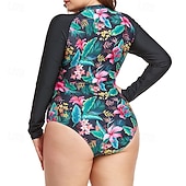 ieftine Rash guards One Piece-Pentru femei Costum de baie One Pieces Protecție anti-erupții cutanate mărime mare Floral Tropical Inchide fermuarul Protecție UV Elastic Manșon Lung Costume de Baie Surfing Plajă Vacanță Vară